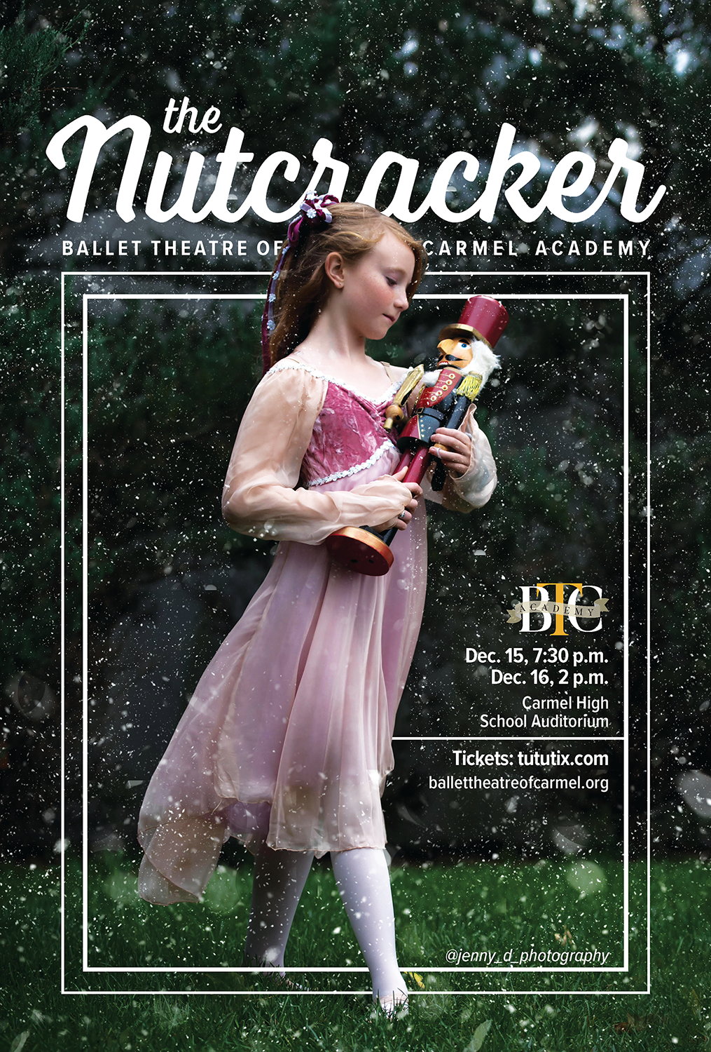 A poster titled 'The Nutcracker' with a photo of a young ballerina holding a nutcracker in the snow