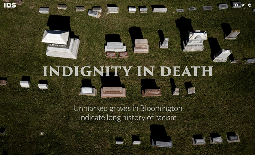 An overhead photo of a cemetery with the words 'Indignity in Death: Unmarked graves in Bloomington indicate long history of racism'