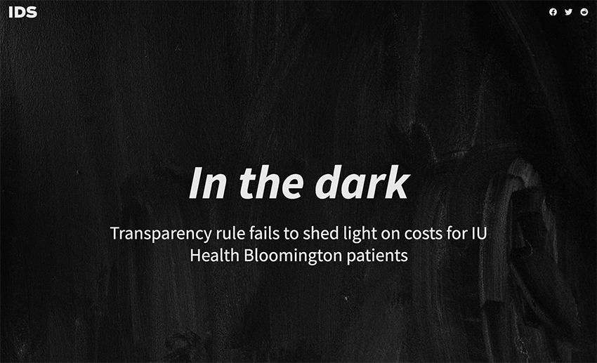 A photo of a blackboard with the words 'In teh dark: Transparency rule fails to shed light on costs for IU Health Bloomington patients'