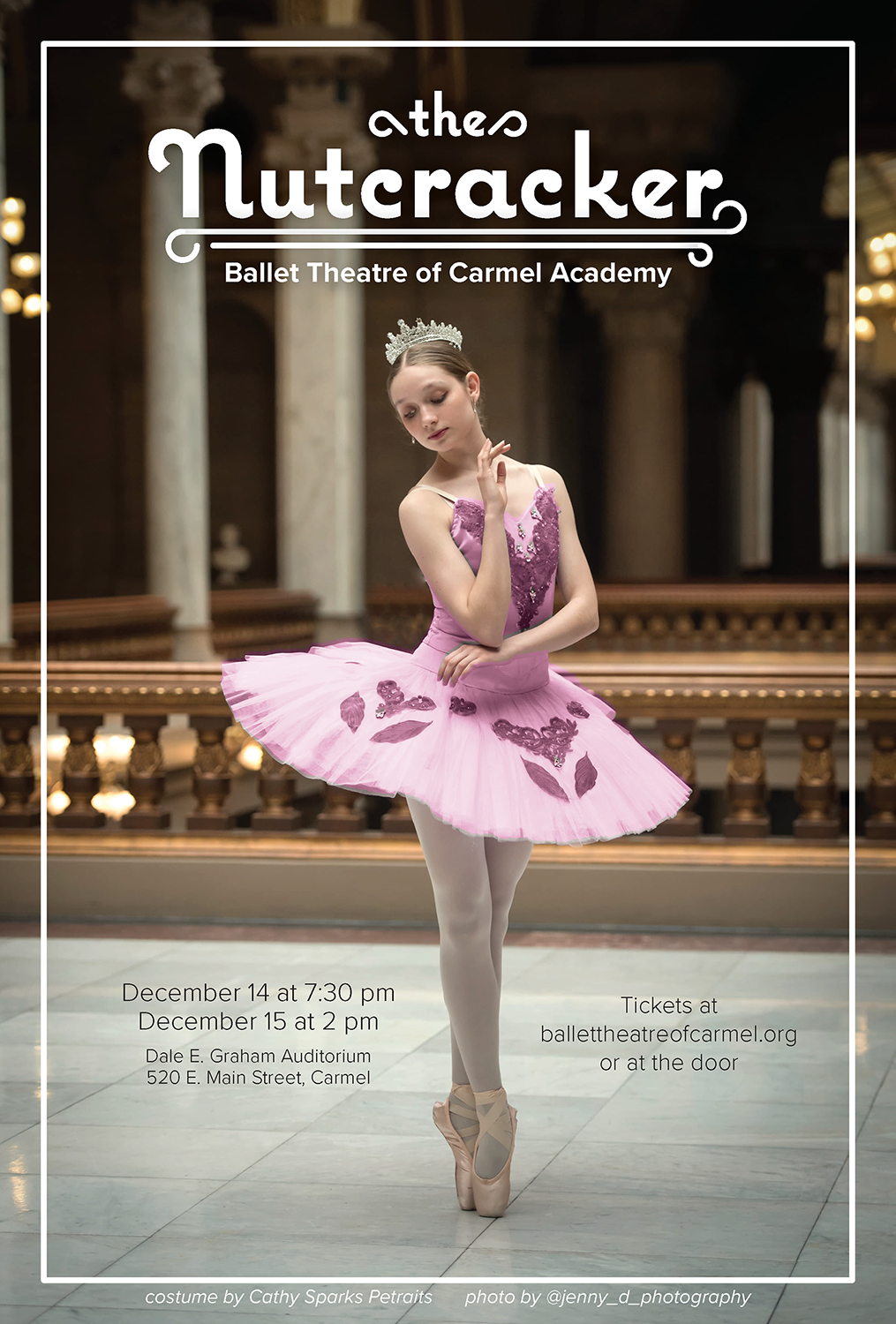A poster titled 'The Nutcracker' with a photo of a ballerina in a pink tutu