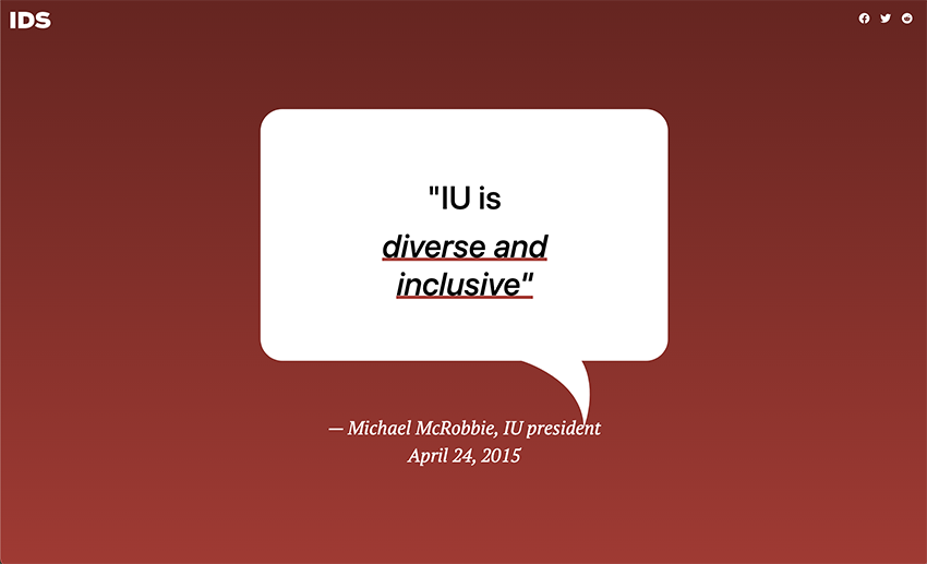 A white speech bubble on a red background with the words 'IU is diverse and inclusive —Michael McRobbie, IU president'